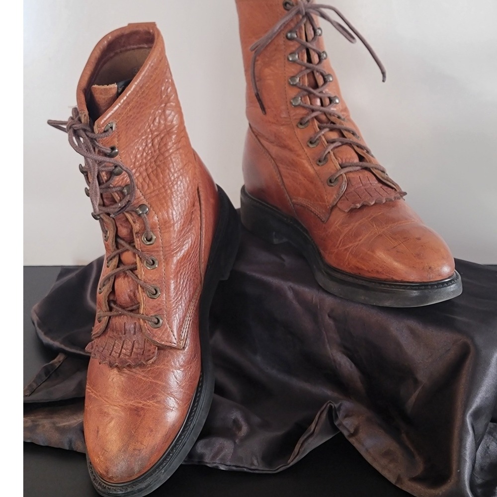 Justin Original Workboots Mens Cognac Leather Kiltie Lace Up Made in USA Boots
